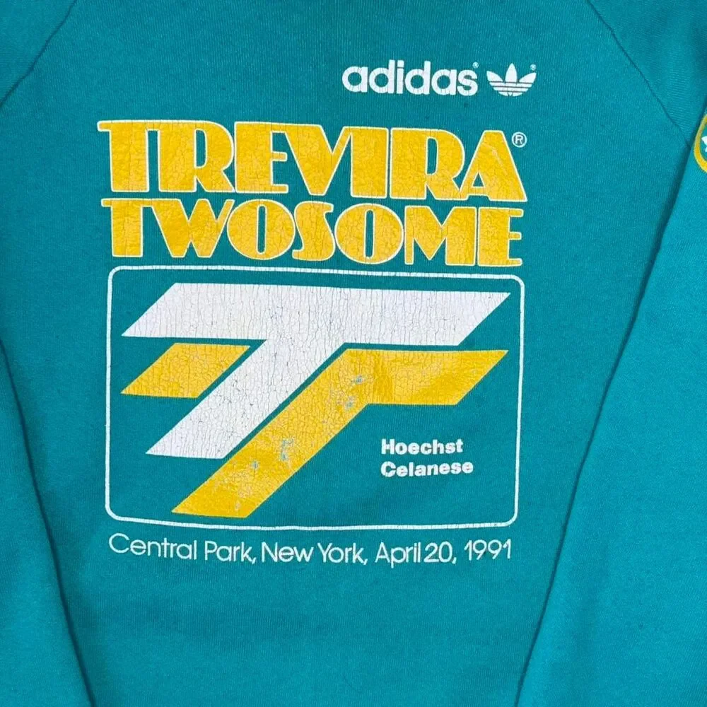 Vintage Adidas Trevira crewneck in teal‎ with bold graphic. Made in USA